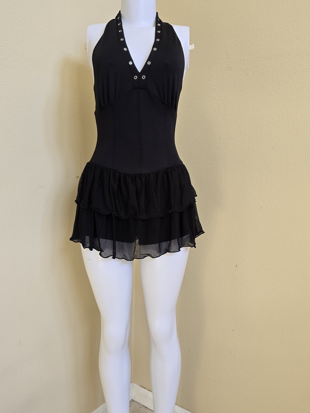 Black Halter Mini Dress with Ruffle Skirt